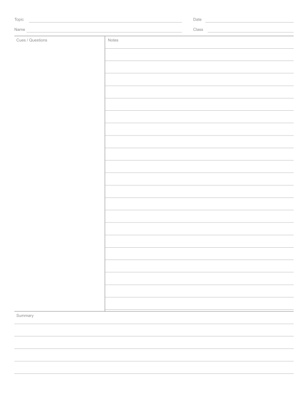 Cornell notes, wide ruled printable, for younger students