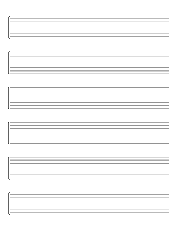 Grand staff (piano) printable, 6 systems with brace