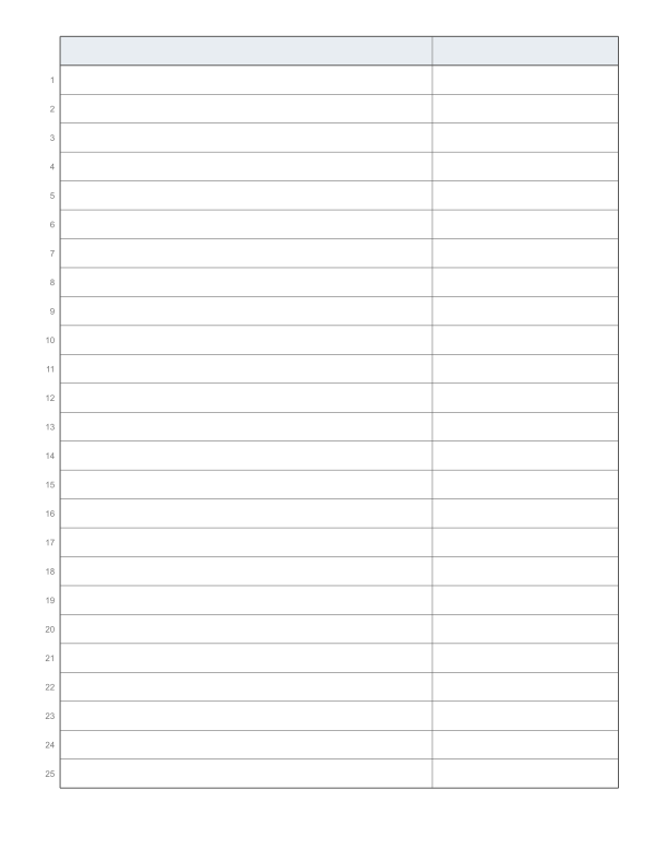 Numbered 2-column list printable, wide first column, row numbers